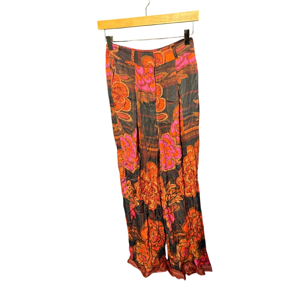 Farm Rio for Anthropologie Floral Plaid Wide Leg Pants Orange Pink XS New - Picture 2 of 7